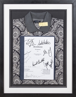 The Sopranos Cast Signed Pilot Episode Script With 9 Signatures Including James Gandolfini "Tony Soprano" Screen-Worn Polo In a 19x25 Framed Display (JSA)